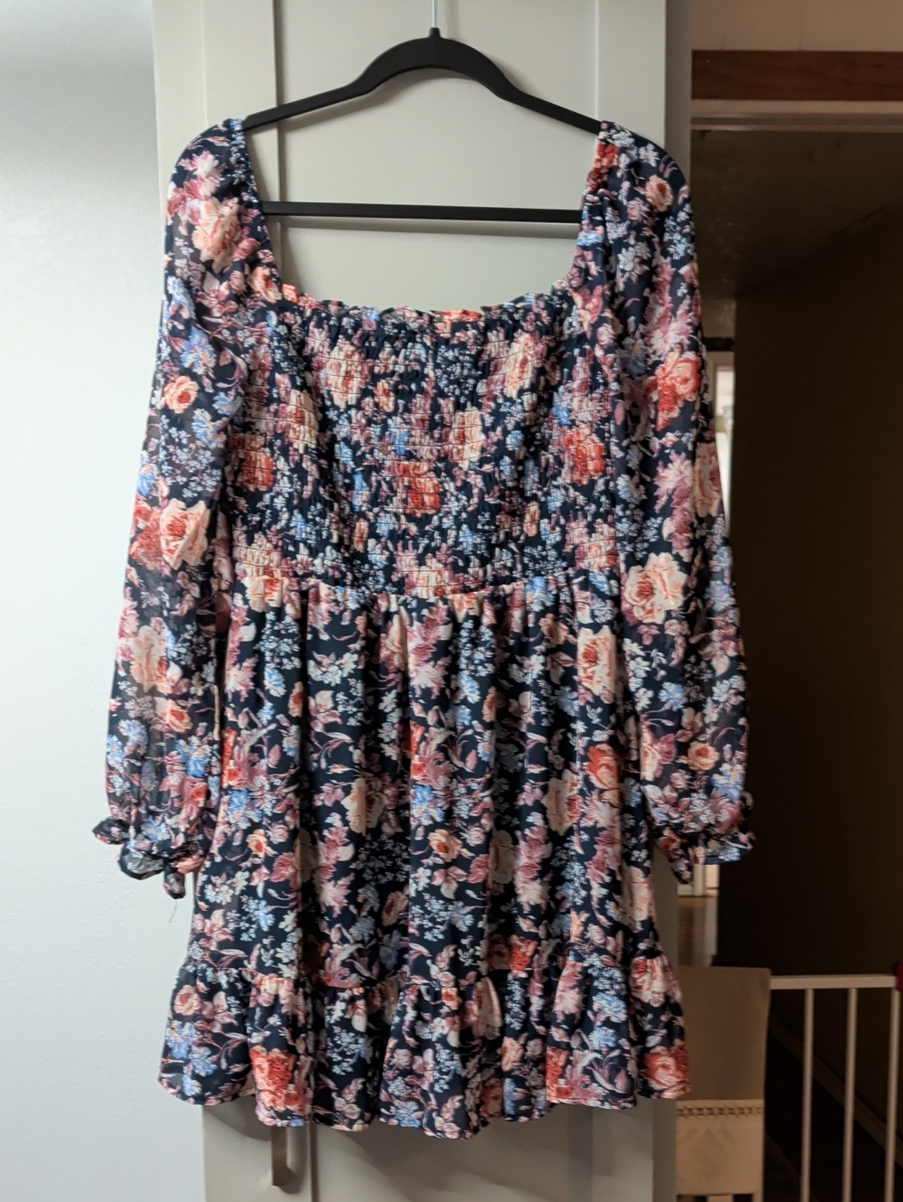 As U Wish Navy Floral Smocked Mini Dress with Pink & Coral Blooms